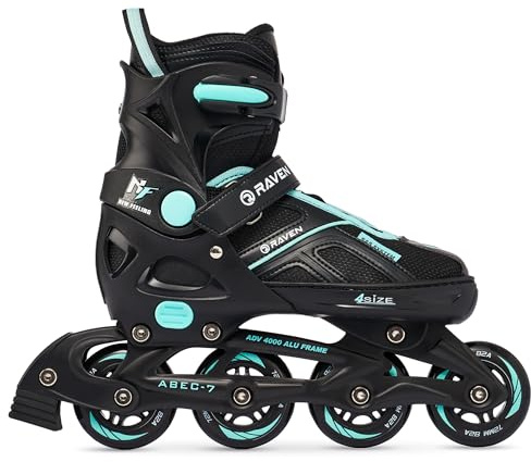 Raven Pulse – Pattini a rotelle per bambini, ragazze, ragazzi, adulti, bambini – Pattini a rotelle – 2 in 1 con opzione pattini da ghiaccio – Regolabili – Black/Cyan senza Pattini, 37-40 (23,5-26cm)