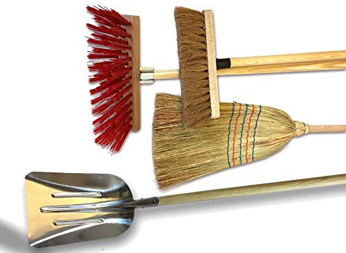 Lot de 3 ensembles de 3 balais d'extérieur + Pelle aluminium | Cantonnier brosse PVC 32 cm | Fibres coco naturel 29 cm | Paille de riz 35 cm | Manches bois | Kibros 3LOTBPLbx3