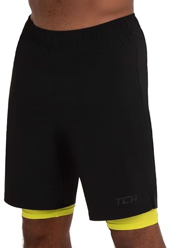 TCA Pantalon Corto Hombre Deporte con Bolsillos y Mallas - Pantalones Cortos Deporte Hombre para Running Gym Padel - Hombre 2 en 1 con Mallas Cortas y Bolsillos con Cremallera - Negro/Verde, L