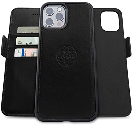 Dreem Vegan Leder Handyhülle für iPhone 13 Pro Max, Magnetisch & Abnehmbar | Integrierter Handyhalter, RFID-blockierende Kartenhülle, Klapphülle, MagSafe-kompatibel, Geschenkbox [Fibonacci: Schwarz]