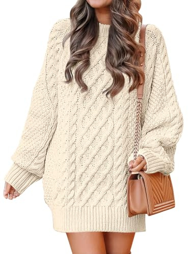 ANRABESS Womens Sweater Dress Oversized Cable Knit Chunky Long Sleeve Short Dresses 2025 Fall Outfits Vacation Winter Clothes Beige Medium