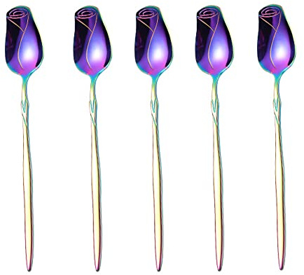 Stainless Steel Spoon Set - 5 Pack, Rose Flower & Dessert Spoons, Cute (Colorful)