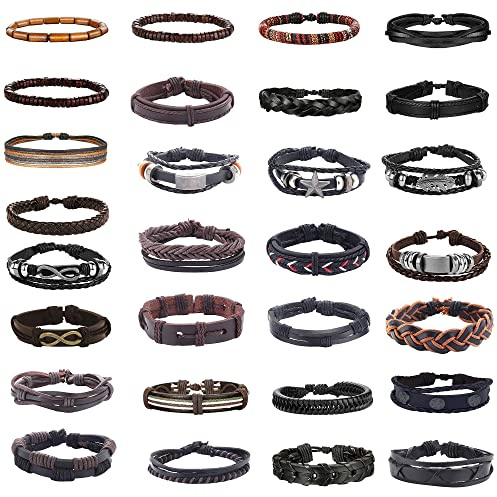 KALVICA Lot de 29 bracelets en cuir tressé pour homme et femme - Bracelets réglables - Bracelets en corde vintage - Bracelets manchette tressés - Bracelets ethniques et tribaux - Noir et marron