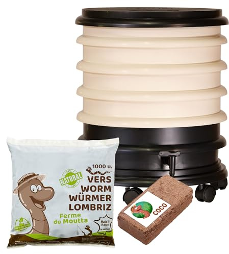 WORMbox | Wurmkomposter Wurmfarm Wurmkiste mit 4 Schalen Elfenbein + 500g Kompostwürmer / 1000 STK + 1 Coco | 64 Liter | Regenwurmkomposter, Kompostwürmer produzieren Wurmhumus