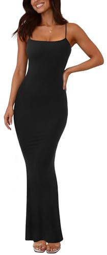 REORIA Women's Sexy Casual Lounge Slip Long Dress Elegant Wedding Guest Sleeveless Backless Ribbed Bodycon Maxi Dresses Black Small