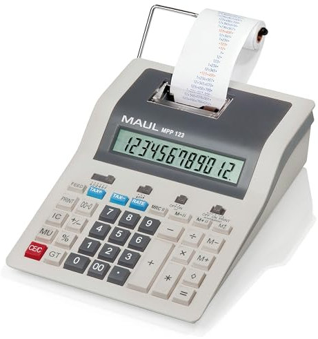 MAUL Tischrechner Printing MPP 123 | druckender Rechner mit wichtigen kaufmännischen Funktionen und 12-stelligem Display | 2-Farbiger Druck | 2,4 Zeilen/Sek | Netzbetrieb | Grau