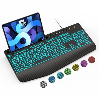 SABLUTE K21 Pro Large Print Backlit Keyboard, Wired USB Computer Keyboards with 7-Colors Backlight, Wrist Rest, Phone Holder, Oversized Letter Keys Easy to See and Type for Laptop, PC, Windows, Black