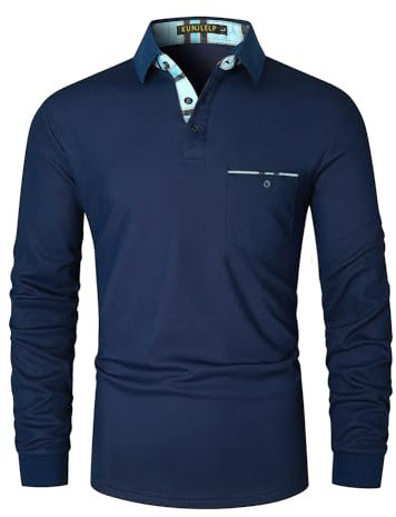KUNJLELP Polo Shirts for Men Adult Long Sleeve Blue Ribbon Printing Collar Golf Shirt,Navy,XXXL
