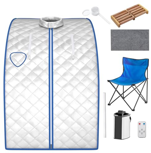 CASART Steam Sauna, 3L Personal Slimming Detox Therapy Sauna Cabin with Folding Chair, Remote Control, 9-Level Temperature & Timer, Portable Spa Steamer Tent for Reduce Stress and Fatigue (Silver)