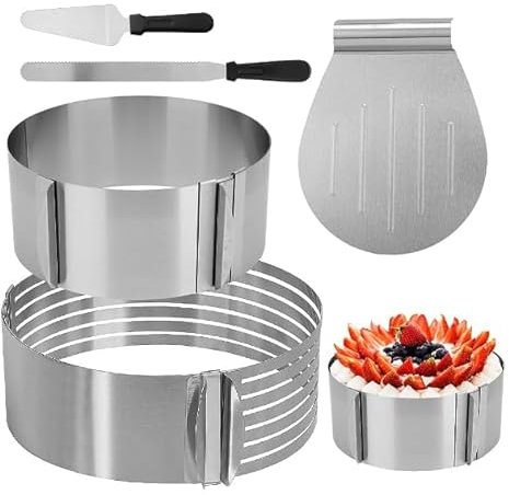 LDXDRU Juego de 5 accesorios para tartas de acero inoxidable, 24-30 cm, anillo ajustable, cuchillo de cuerda, molde para tartas, ayuda para cortar, cuchillo, cuchillo de pastelería, anillo alto, color