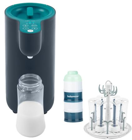 Babymoov Milky Now Flaschenzubereiter für Babys - Temperatureinstellung von 22-85°C, 6 Stunden Warmhaltefunktion + Milchpulver-Portionierer, arctic blue, 4 Fächer + Abtropfständer für Babyflaschen