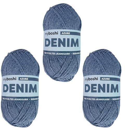 myboshi Denim, veganes Jeansgarn, recycelte Baumwolle zum Häkeln und Stricken, 50% recyceltes Denim, 50% Baumwolle (Bio), 50g, Ll 135m Blau (Azure) 3 Knäuel