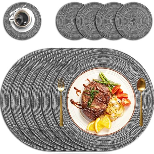 wiipara 6er Set Platzsets Rund aus Baumwolle, Geflochte Runde Tischsets Abwaschbar 34 cm, Schmutzabweisend, Hitzebeständig, Platzdeckchen mit Untersetzer, Ideal für Küche, Festlichkeiten & Weihnachten