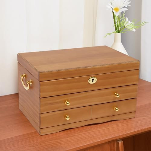 Aangeebone Caja de madera grande de 3 capas con cerradura segura retro organizador de joyas, puede almacenar anillos, pendientes, collares, pulseras, relojes, 29 x 19 x 17 cm