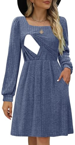 CzzzyL Womens Nursing Latched Mama Fall Fashion 2024 Teacher Dress Maternity Breastfeeding Winter Dresses with Pockets Blue Medium