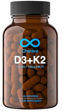 Charava Vitamin D3 + K2 (Vegan) – 4000IU Vitamin D3 & 100μg K2 MK7 – High Strength, UK Made – 60 Capsules for Bones, Muscles & Immune Support