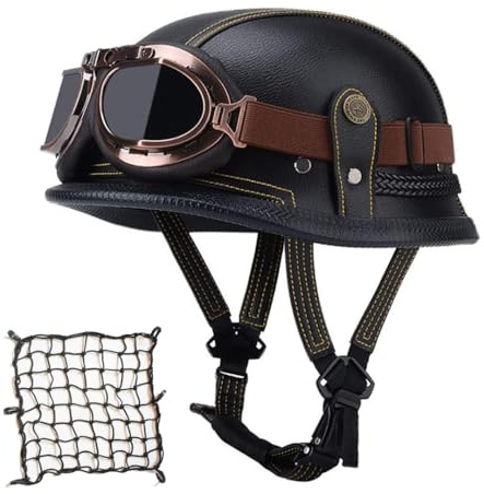 Labzaa Deutschen Motorradhelm Halbschalenhelm mit ECE, Retro Lederhelm Jethelme Vintage Mopedhelm mit Brille Sonnenblende, Offenem Helm für Herren und Damen D M