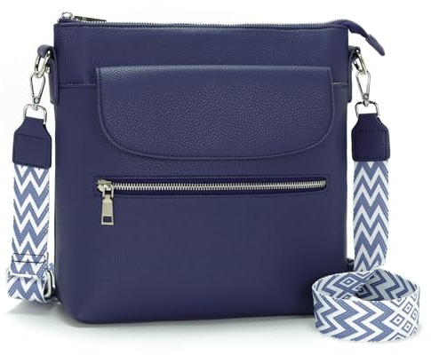 JSDOST Groß Umhängetasche Damen Mittelgroß Crossbody Handtasche aus Veganem Leder mit Vielen Fächern in Blau