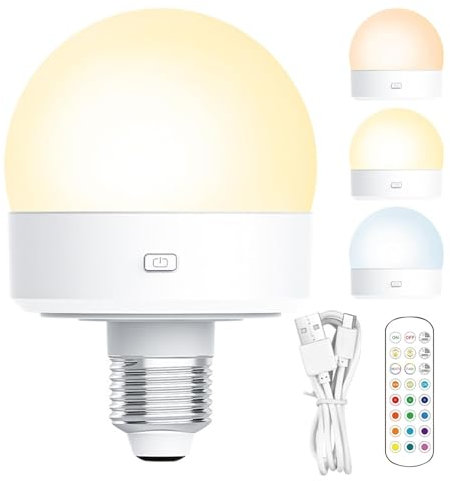 Bombilla inalámbrica para lámpara, E26, regulable, funciona con pilas, recargables, 3 colores con mando a distancia, bombilla inalámbrica con 4 modos de luz,