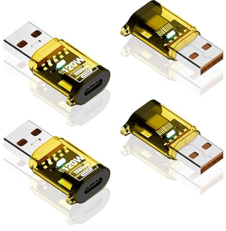 Poyiccot 4Pack 10Gbps USB C Female to USB Male Adapter 120W USB 3.2 Type C to Type A Charger Connector with Double-Side LED Comaptible for iPhone 15 16 Plus Pro Max, Laptop, Charger, Earphone, Yellow