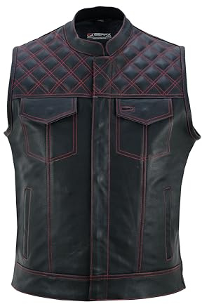 GearX Chaleco de cuero, chaleco de motociclista con estampado de rombos, estilo cruiser, chopper y, Rojo, M
