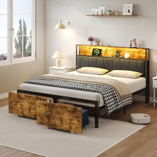 ModernLuxe 4FT6 Double Bed Frame with 2 Drawers, RGB LED Storage Headboard and Charging Station, Multifunctional Metal Bed for Adults and Teenagers, Rustic Wood Finish, Black & Walnut, 135x190cm