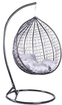 Bettso - Hängesessel, Korb Hängestuhl mit Gestell Cobe, Outdoor Indoor, Techno Rattan Hanging Chair Wetterfest Hängeschaukel, Gartenschaukel - Schwarz, Kissenfarbe Grau, mit Bezug