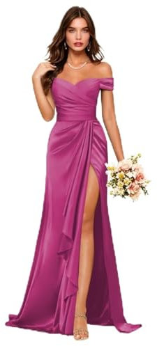 Vestido de dama de honor de satén con hombros descubiertos para mujer, con abertura alta, fruncido, formal, vestido de graduación, fucsia, 44