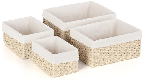 Aevcvok 4 Stück Aufbewahrungskorb mit Futter,Körbchen Handgewebt Korb Aufbewahrung Papierseil Boho-Decor Körbchen,Aufbewahrungsbox Klein Geflochten für Badezimmer, Make-up,Tischplatten,Schrank（Beige)