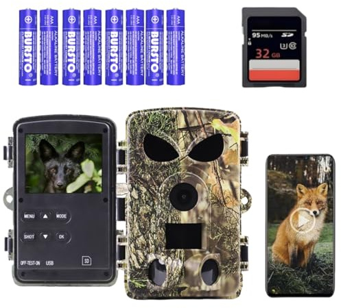 LMHOME Wildkamera mit APP & WLAN Bluetooth, 5K 60MP HD Nachtsichtkamera mit Bewegungsmelder, 120° Weitwinkel IP66 Wasserdicht für Outdoor/Tierbeobachtung – Inkl. 32GB SD Karte & 8X AA-Batterien