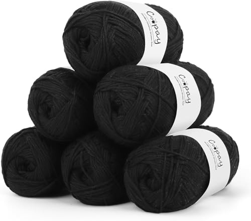 Coopay 100% Cotton Yarn for Crochet and Knitting, 6 x 50g Crochet Cotton Yarn, 4 Ply Soft Cotton Knitting Yarn, Ideal Cotton Crochet Yarn for Dishcloth, Baby Blankets, Socks, Hats - Black