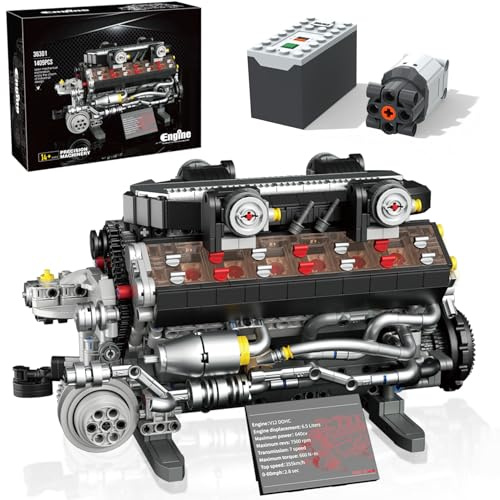Ensemble de construction de moteur V12 pour adultes et adolescents de 14 ans et plus, 1409 pièces – Kit de construction mécanique motorisé qui fonctionne, jouet moteur MOC avec boîte à piles et moteur