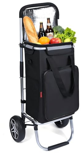 YEAUPE PRO Carro de la Compra, MAX 50L de Capacidad - Carrito de 2 Ruedas, 3 en 1 con Bolsa Térmica Desmontable - para Compra Semanal, Picnic o Viaje - Negro Mate