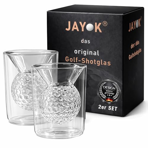 JAY K Golf Shotglas 5cl – 3D Golfball Design im Glas – Doppelwandiges Schnapsglas – premium Geschenk für Golfer Männer Frauen & Golf-Fans – Golfshots Geschenkidee Zubehör, 2 Stück