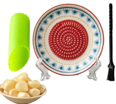 platos rallador de ajo de cerámica, platos para moler tomate, herramienta de cocina hecha a mano de 11,7 cm para ajo, jengibre, queso, con cepillo y soporte