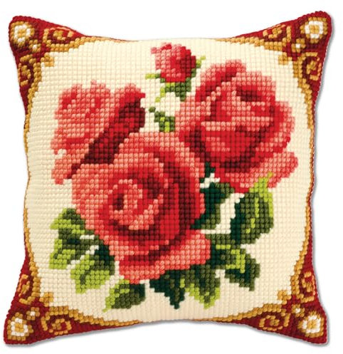 Vervaco Kreuzstich Stickpackungen Kissen Stickerei Set Anfänger Vorgedruckt Blumen DIY Set Kreativ Set Für Erwachsene Dekoratives Kissen ca. 40 x 40 cm Bastelset Handwerker Haus Dekoration