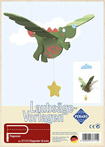 Pebaro 377/1S Laubsägevorlage Mobile Windspiel Fliegender Drache, 3mm Sperrholz DIN A 4, Motiv vorgedruckt, aussägen mit Laubsägebogen, basteln, anmalen, fertig, Basteln mit Holz, Geschenkidee