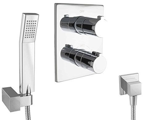 PaulGurkes Unterputz Wannen Set mit Thermostat Armatur ohne Einlauf 2-Wege Mischbatterie Verbrühschutz Badewanne Wandanschlussbogen Brausehalter Handbrause UP Montage eckiges Design