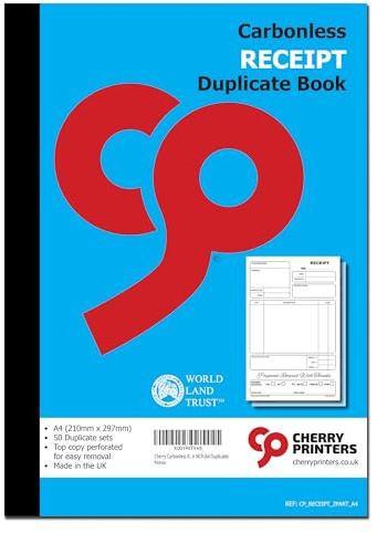 Cherry - Libro duplicado de recibos autocopiativo | A4 (210 mm x 297 mm) | 50 juegos perforados | Fabricado en el Reino Unido
