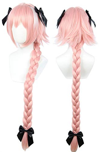Linfairy Long Pink Cosplay Perücke mit 3 Bowknot Halloween Kostüm Perücke für Frauen Geflecht Haar 95 cm