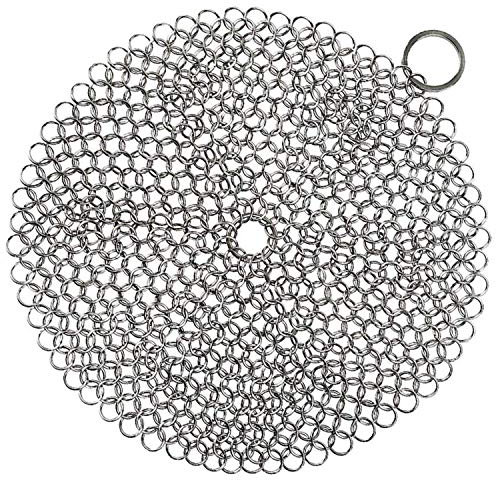 Hulless Chainmail Scrubber Nettoyeur de casseroles en fonte d'acier inoxydable, durable et antirouille pour ustensiles de cuisine, avec anneau de suspension, rond, 17,8 x 17,8 cm.