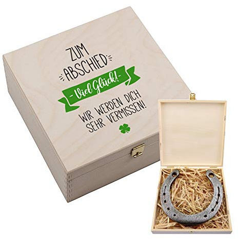 4youDesign Echtes Hufeisen in Holz-Geschenkschachtel Abschied – 2 Hufeisennägel zum befestigen – Geschenk Kollegen, Abschied, Neuanfang – Glücksbringer - 17x17x3,5cm