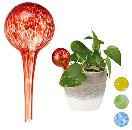 Relaxdays 2 x Bewässerungskugel im Set, dosierte Bewässerung Pflanzen u. Blumen, Gießhilfe Büro, Urlaub, Ø 6 cm, Glas, rot
