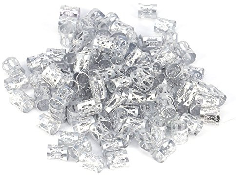Brrnoo 100 PCS Tressage Perles Manchettes En Métal, Nouveaux Dreadlocks Colorés Perles Cheveux Tresse Anneaux Clips Dread Locks, Anneaux Manchette Décoration De Cheveux Tressage Tube (Argent)