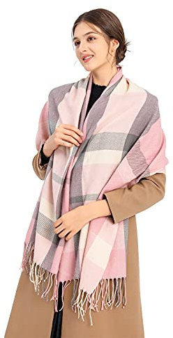 Miss Lulu Winter Schal Damen Oversized – kuschelig warmer karierter Wollschal mit langen Fransen, Weihnachtsschal für Frauen, Mama & Freundin oder für Alltag (Rosa)