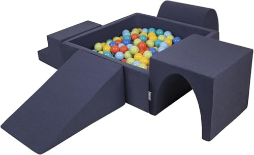 KiddyMoon lekområde i skum med fyrkantig bollbassäng (200 bollar) för barn, mörkblå, ljusgrön, orange, turkos, blå, ljusblå, gul