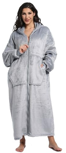FUSSEDA överdimensionerad bärbar filttröja för kvinnor män, varm mysig fleece sherpa huva filt med djupa fickor för vuxna barn, ljusgrå, vuxen med dragkedja