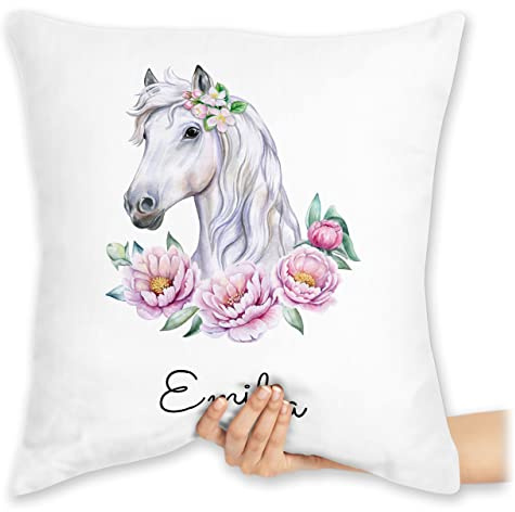 Kissen 40x40 Zierkissen - Pferde - Pferdekopf Motiv mit Name personalisiert I Pferdemotiv I Pferd Name - 40 x 40 cm - Weiß - pferdekissen Reiter pferdemädchen Cushion mädchen pferdeliebhaber