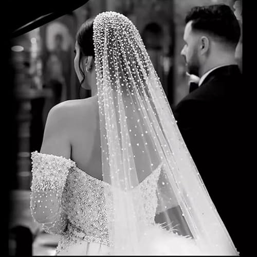 3M Perlen Hochzeit Schleier Tüll 1T Brautschleier Elegant Luxuriös Perlen Brautschleier Lang Braut Party Schleier mit Kamm