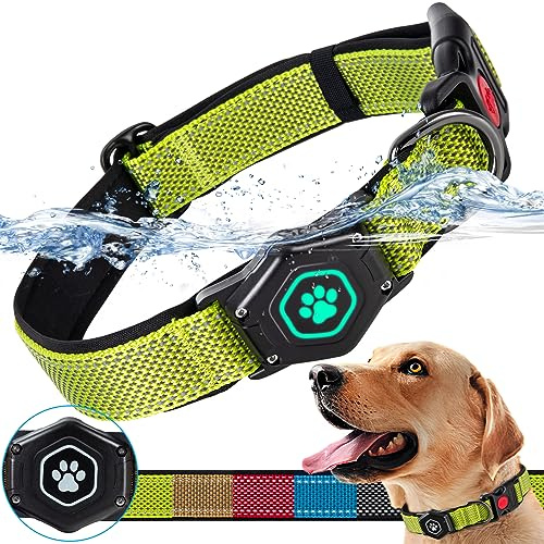 Leuchtendes Airtag-Hundehalsband, strapazierfähiges Hundehalsband mit wasserdichter Apple Air-Tag-Halterung, verstellbar, weich und reflektierend, GPS-Tracking-Hundehalsband für mittelgroße und